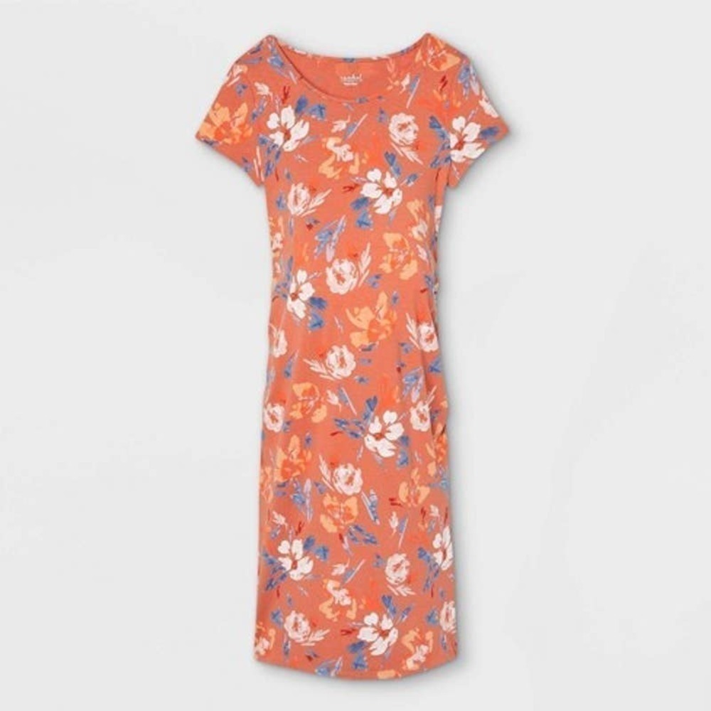 Isabel Maternity Orange and Blue Floral T-Shirt Ruched Midi Dress, Size XS 🗣